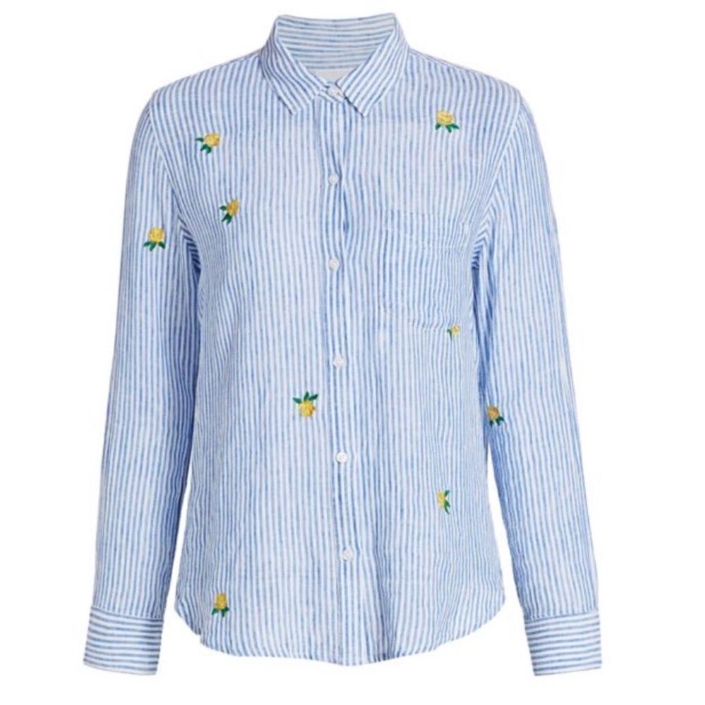 Rails L Charli Blue White Vertical Stripes Yellow Green Embroidered Roses Shirt - Picture 6 of 15
